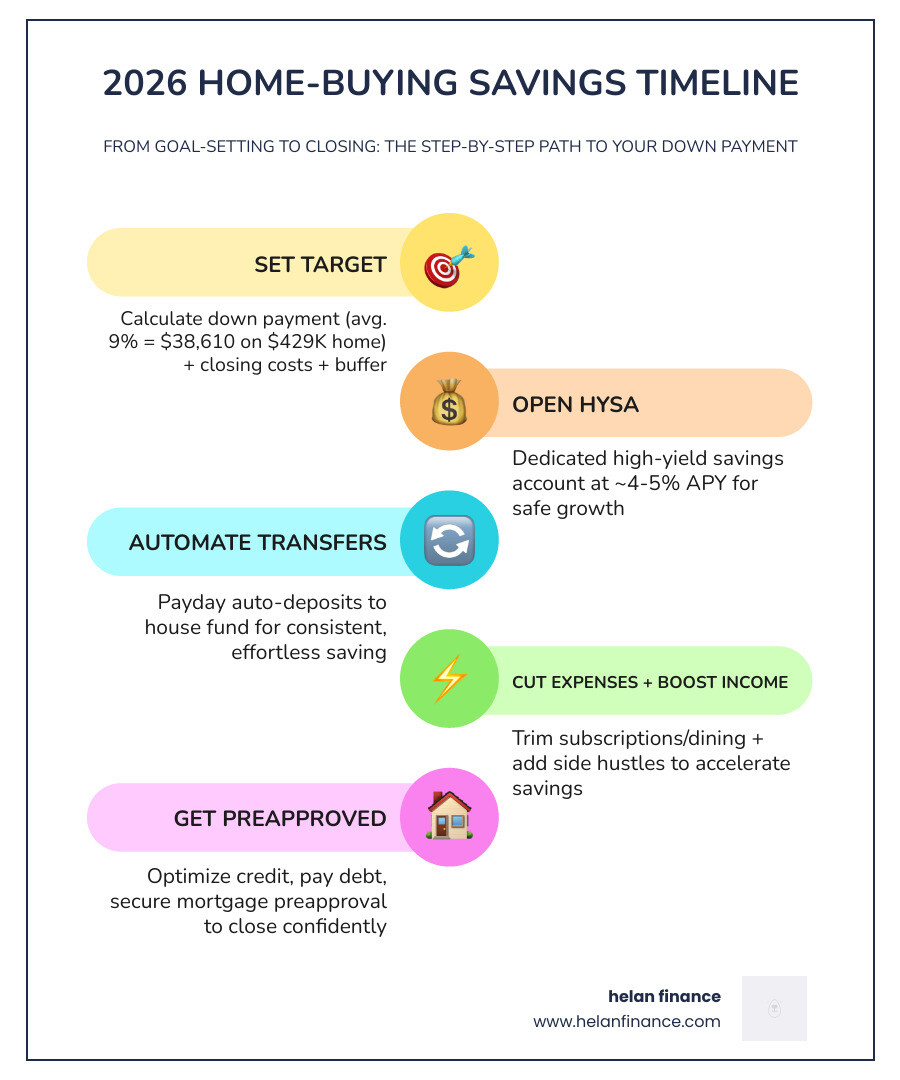 Step-by-step infographic showing the 2026 home-buying savings timeline from goal-setting to closing - best way to save up