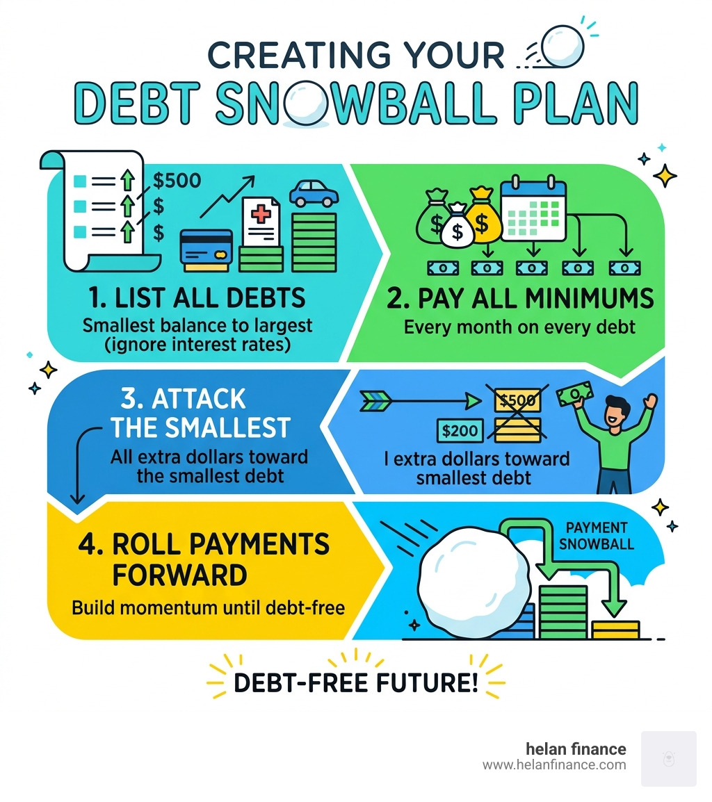 Debt snowball method steps: list debts smallest to largest, pay minimums, attack smallest, roll payments forward - create