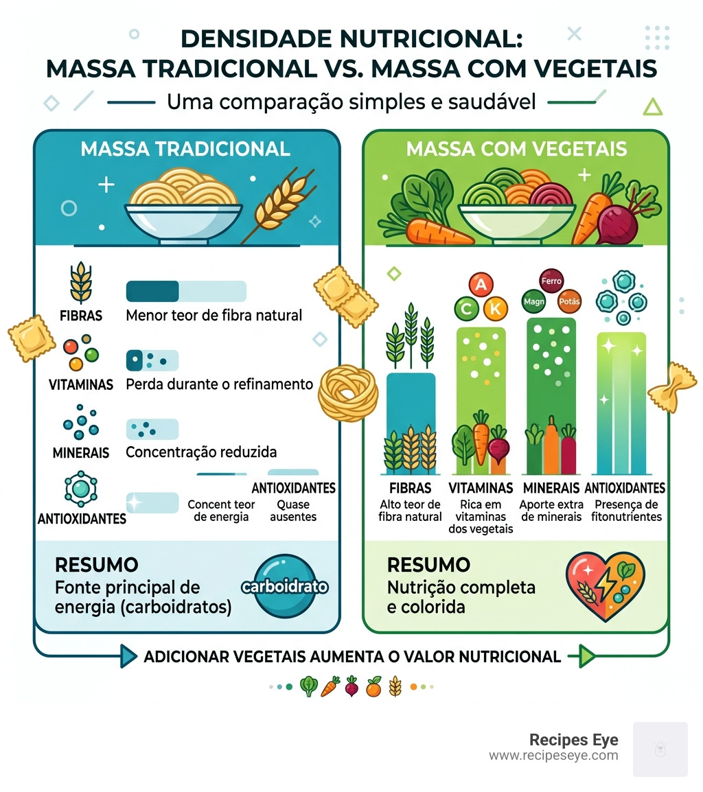 Infográfico mostrando a densidade nutricional de massas com vegetais comparadas a massas tradicionais - receitas de massa