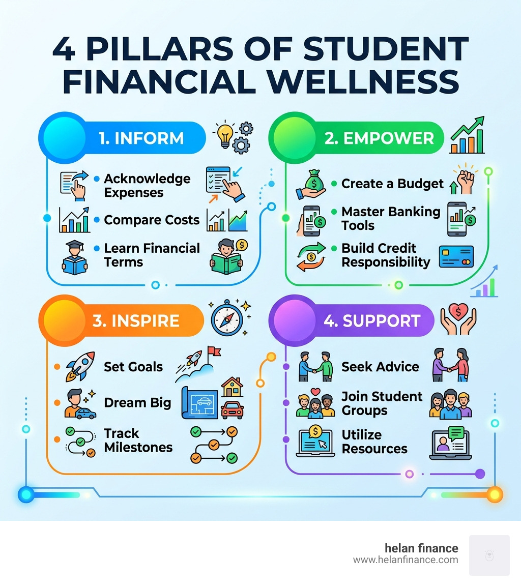 4 pillars of student financial wellness: Inform, Empower, Inspire, Support with key actions for each - money management for