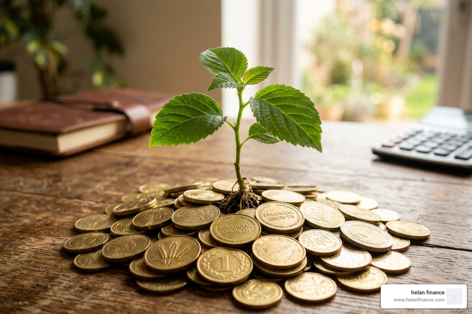 a small plant growing out of a pile of coins - good spending habits