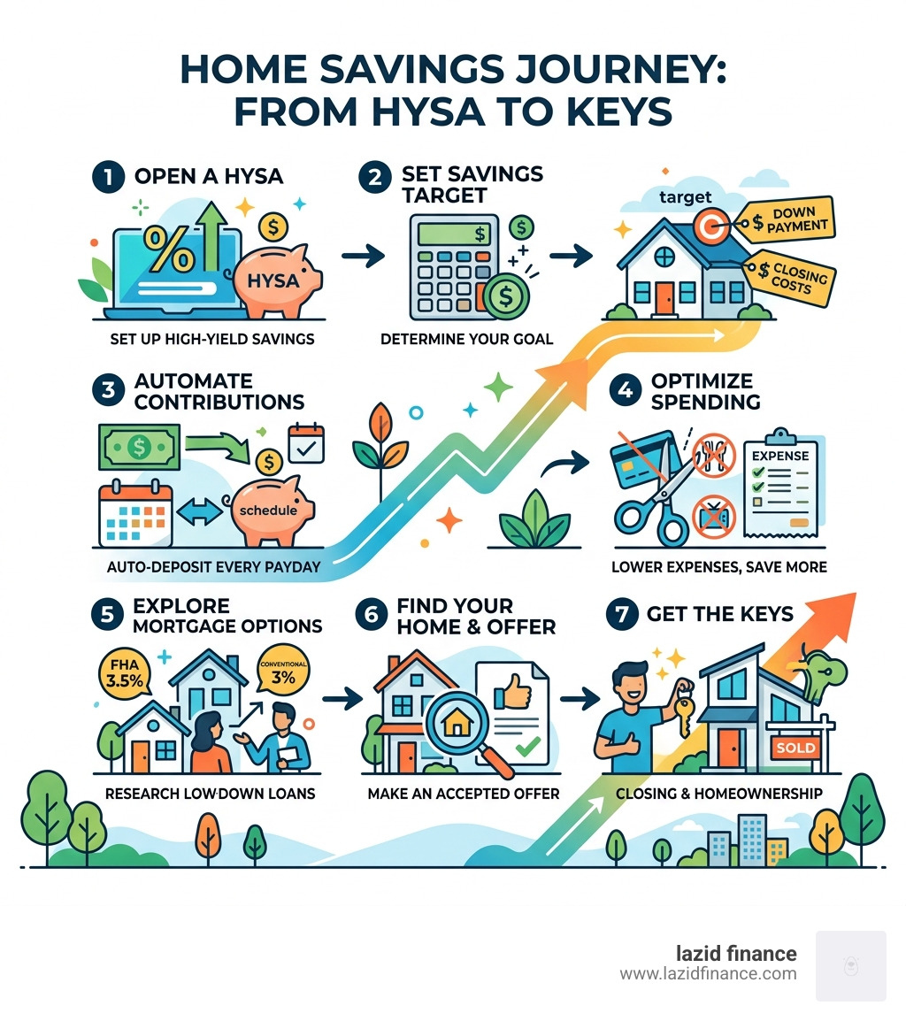 Step-by-step home savings journey from opening a HYSA to getting keys - easiest way to save for a house infographic 