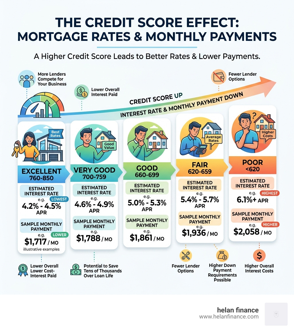 A detailed infographic showing how a credit score impacts mortgage interest rates and monthly payments - best way to save up