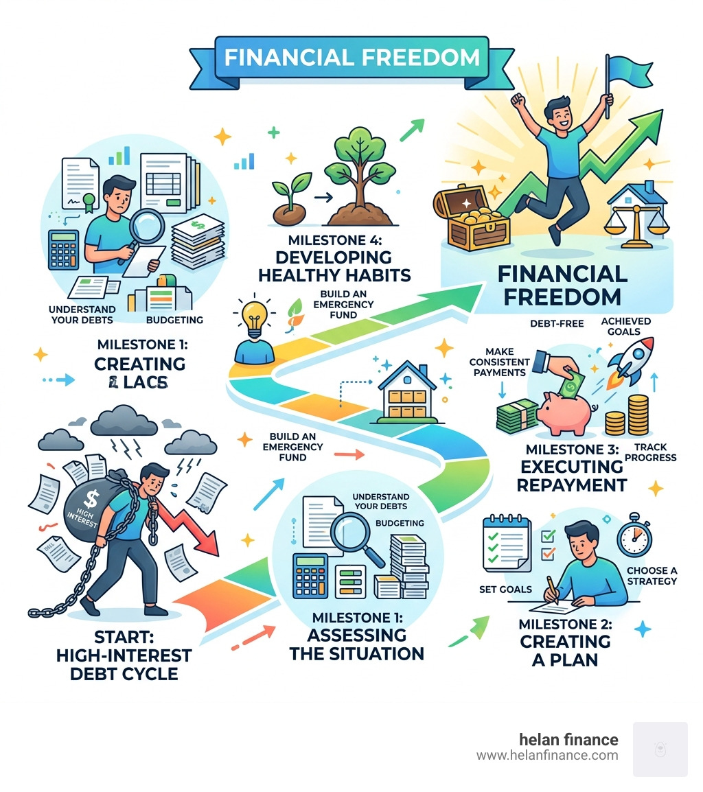 journey from high-interest debt cycle to financial freedom with key milestones - debt management infographic 