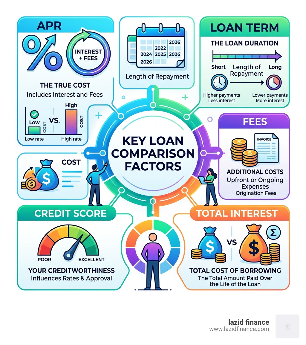 infographic showing key loan comparison factors: APR, term, fees, credit score, total interest - loan comparison infographic 