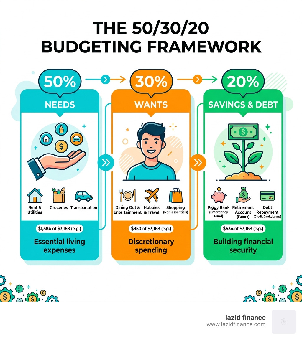 50/30/20 budgeting framework for young adults showing needs, wants, and savings percentages - budgeting advice for young