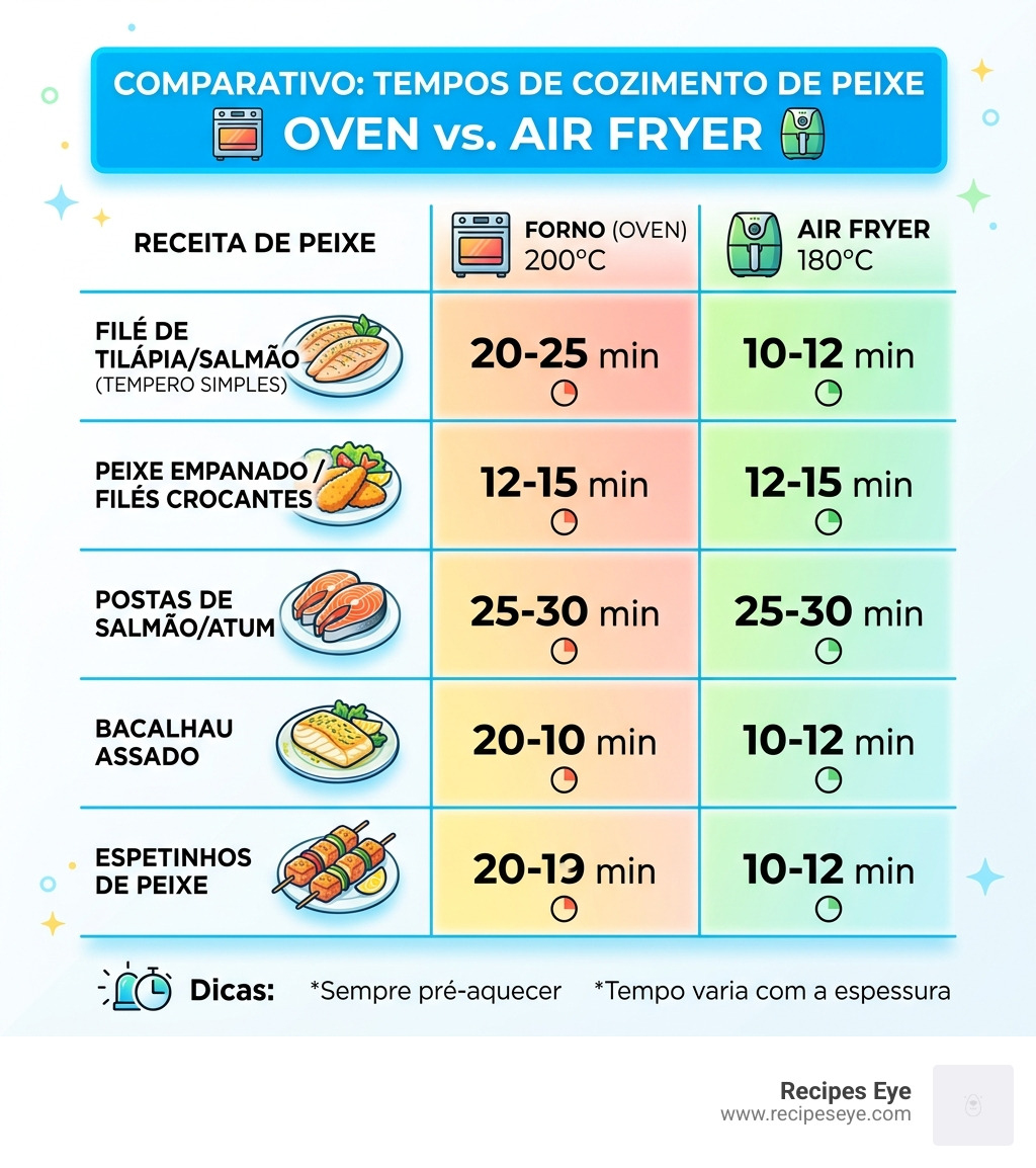 Table comparing oven vs air fryer cooking times for different types of fish recipes - receitas de peixe infographic 