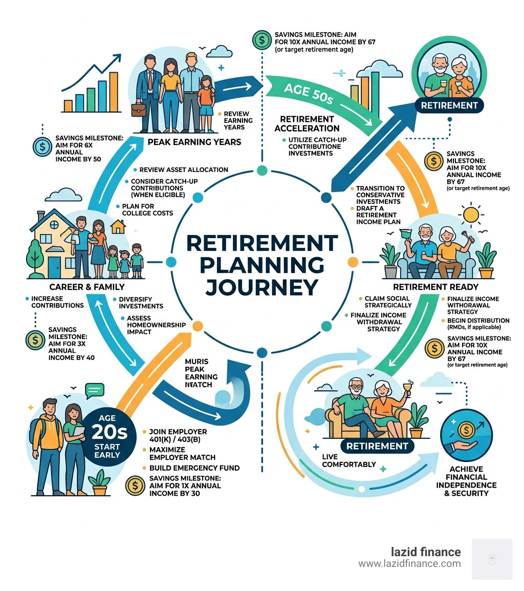 Retirement planning journey infographic showing steps from age 20s to retirement with savings milestones - retirement