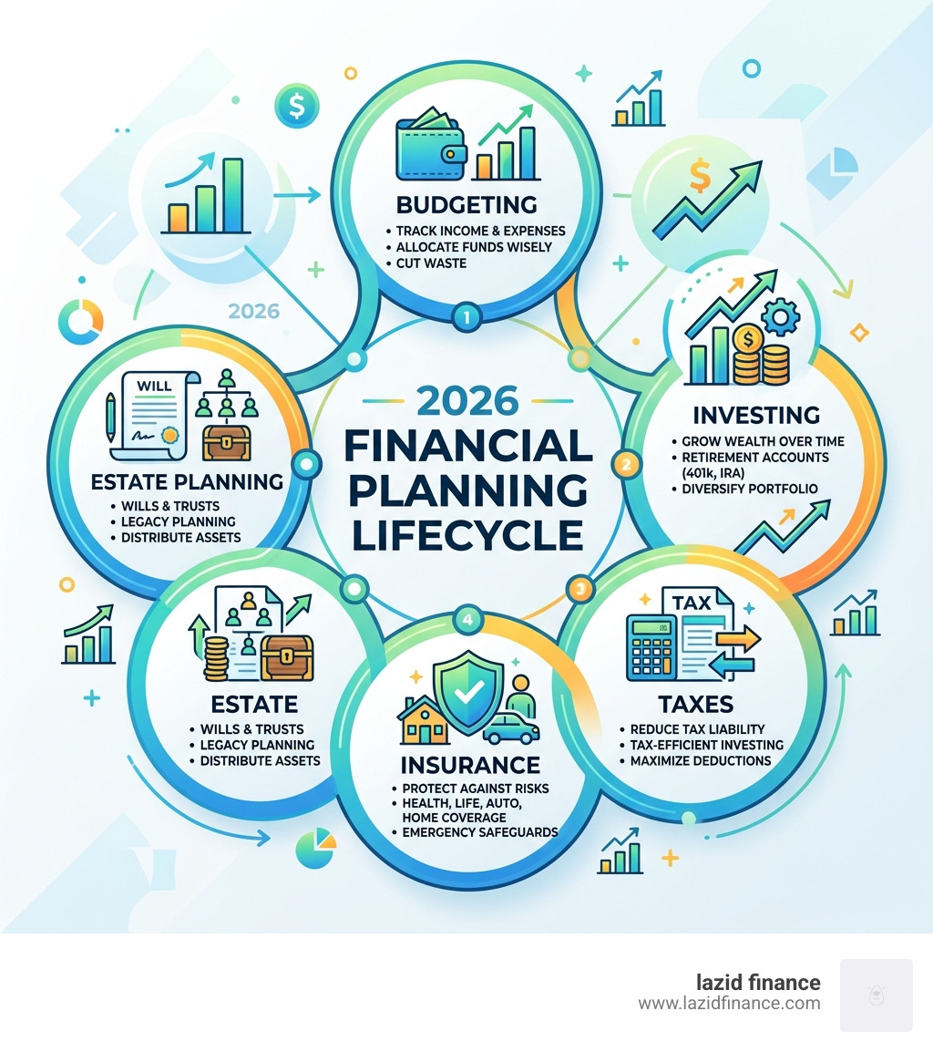 2026 financial planning lifecycle infographic showing budgeting investing taxes insurance and estate planning steps