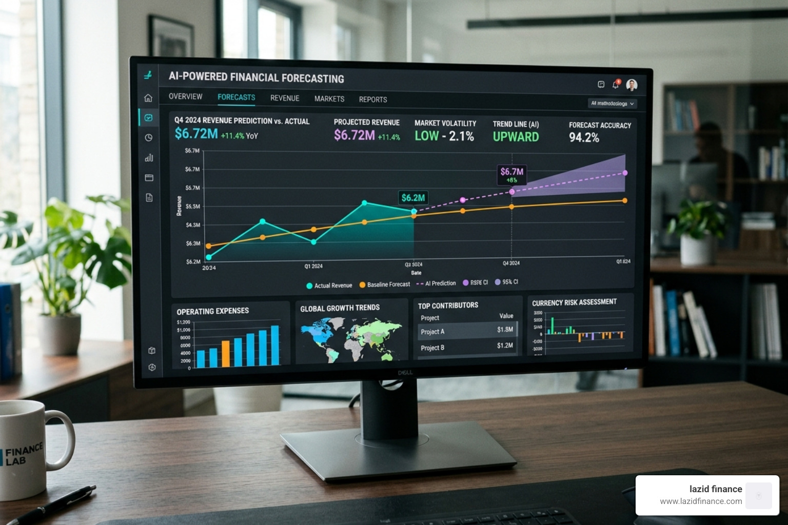 AI powered financial analytics visualization showing data points and predictive lines - financial planning