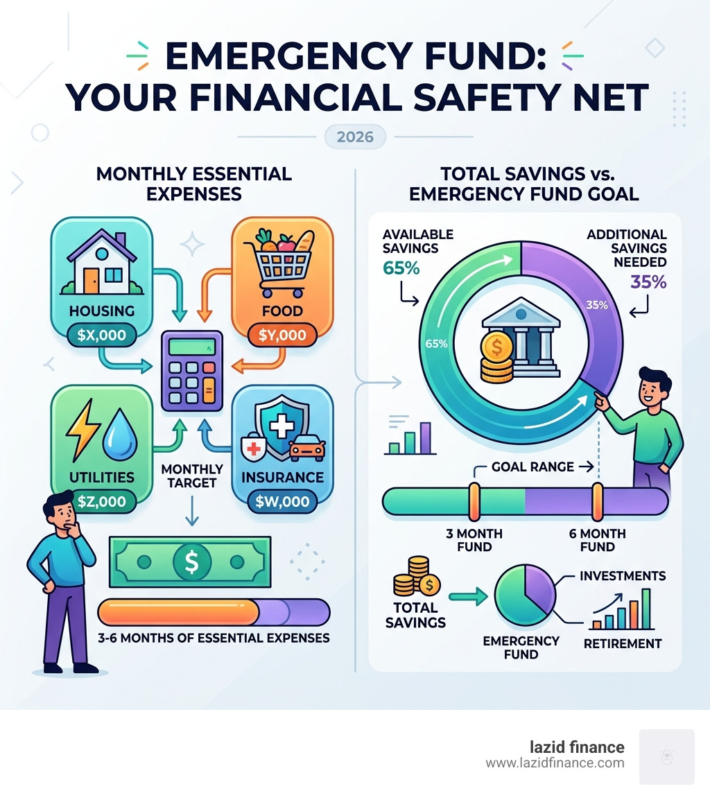 emergency fund infographic showing 3 to 6 months of expenses vs total savings - financial planning infographic 
