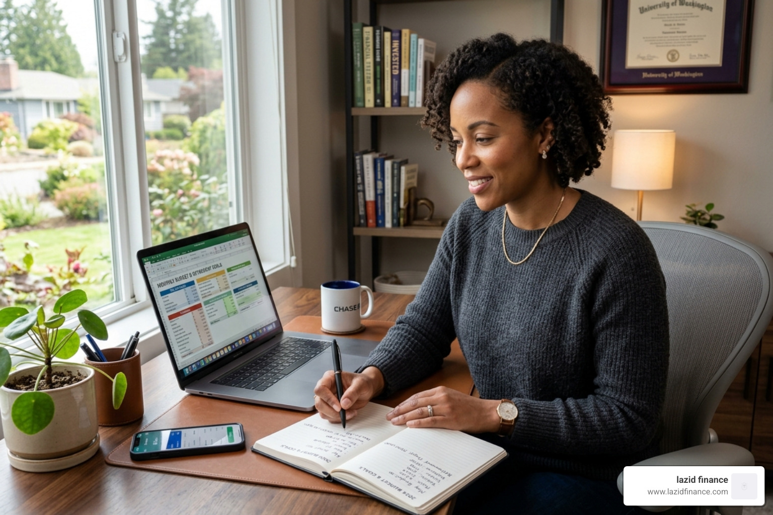 A professional woman using a laptop and a notebook to organize her monthly budget and retirement goals - retirement savings
