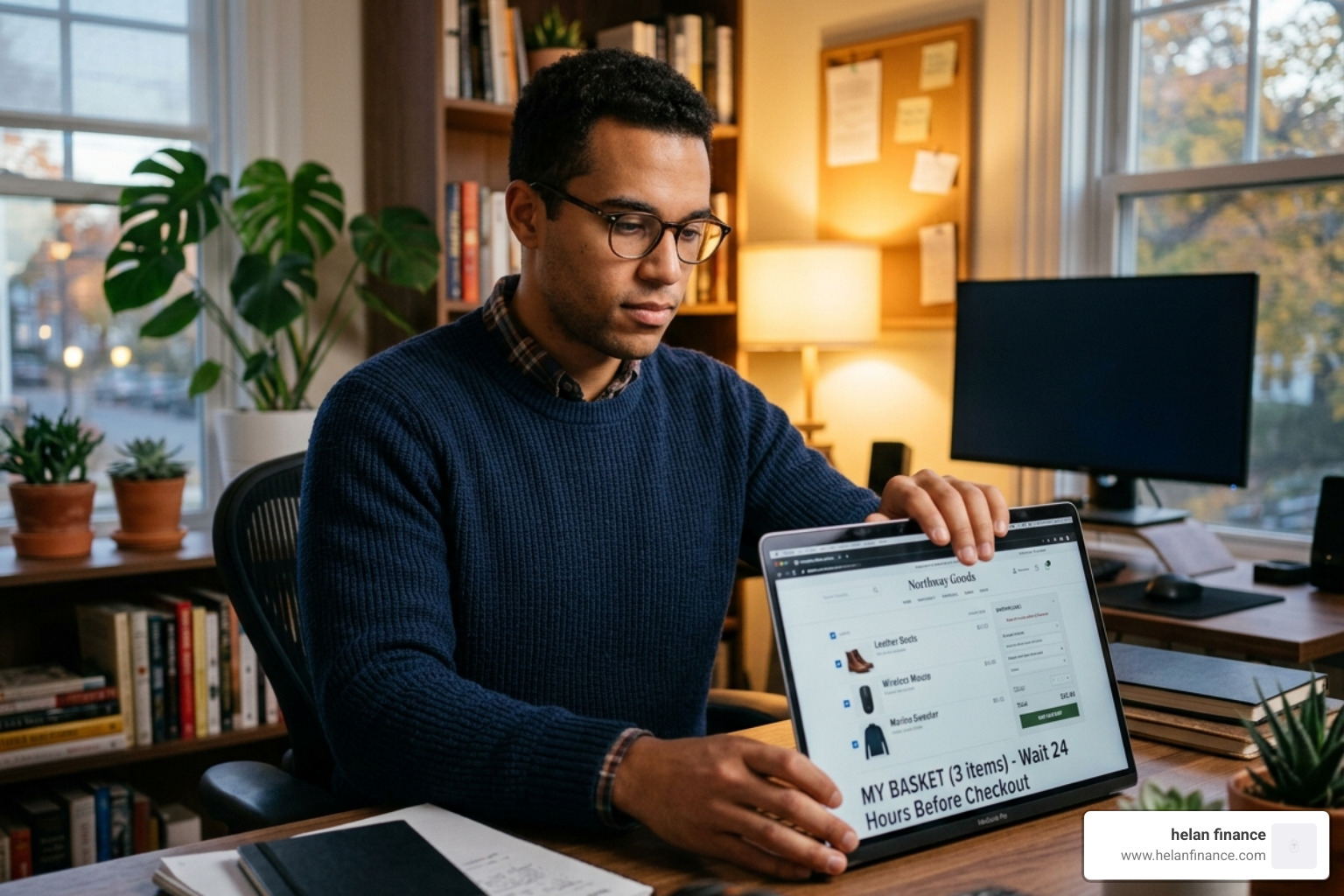 A person practicing the 24-hour basket rule by closing a laptop before purchasing - financial habits