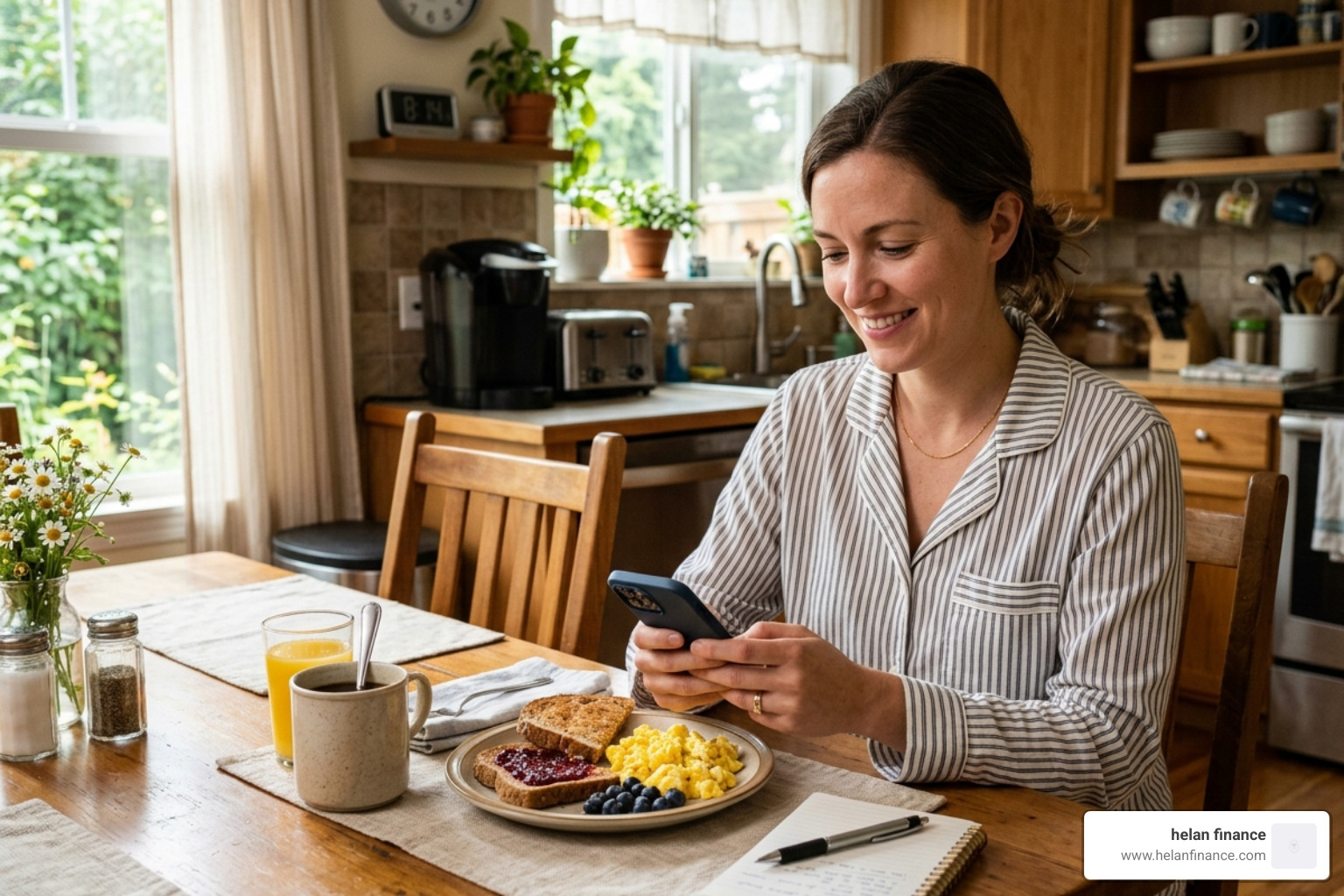 person checking their banking app on a smartphone during breakfast - money routine