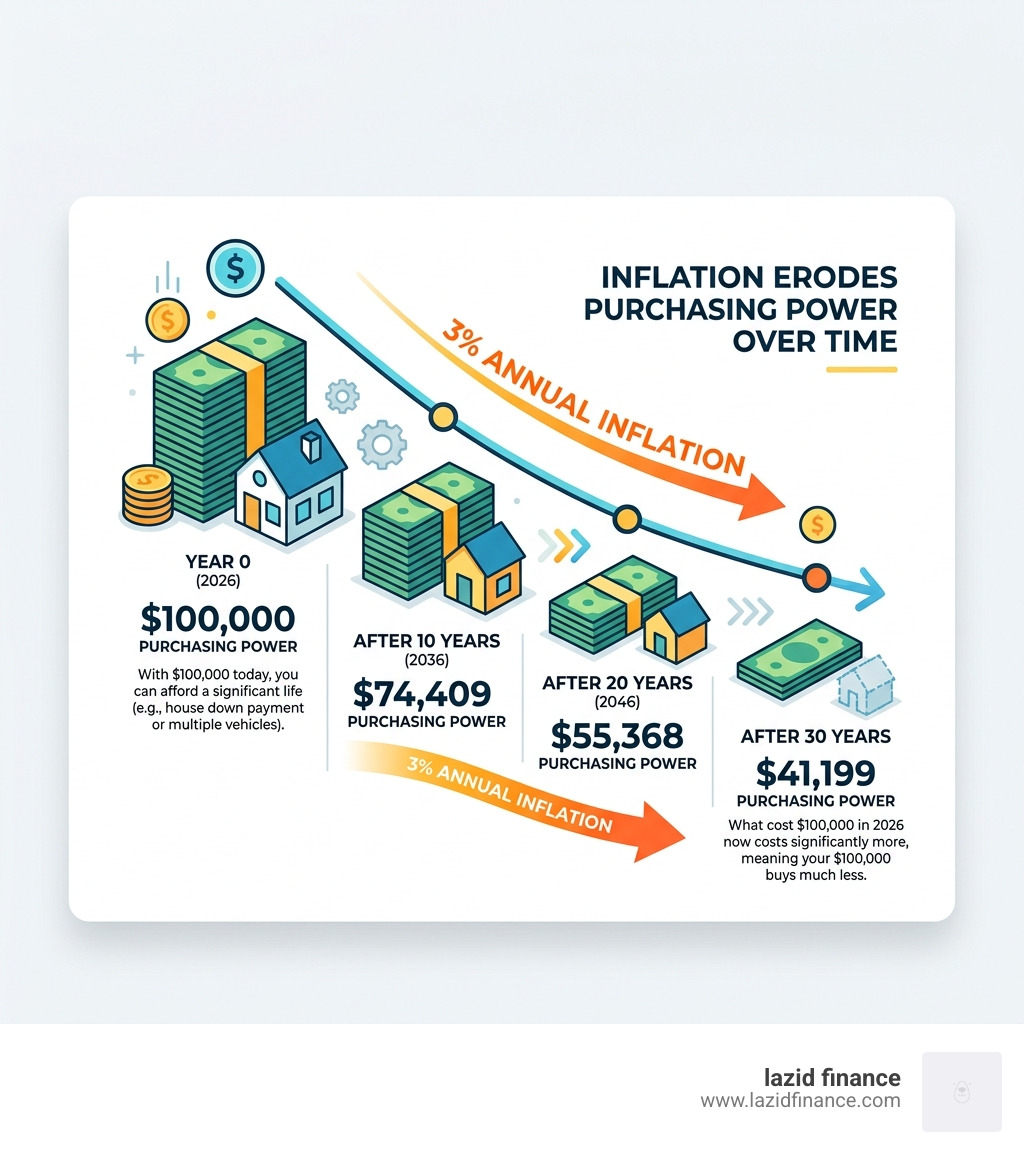 Infographic showing the impact of inflation on $100,000 over 30 years at 3% inflation - retirement savings planner