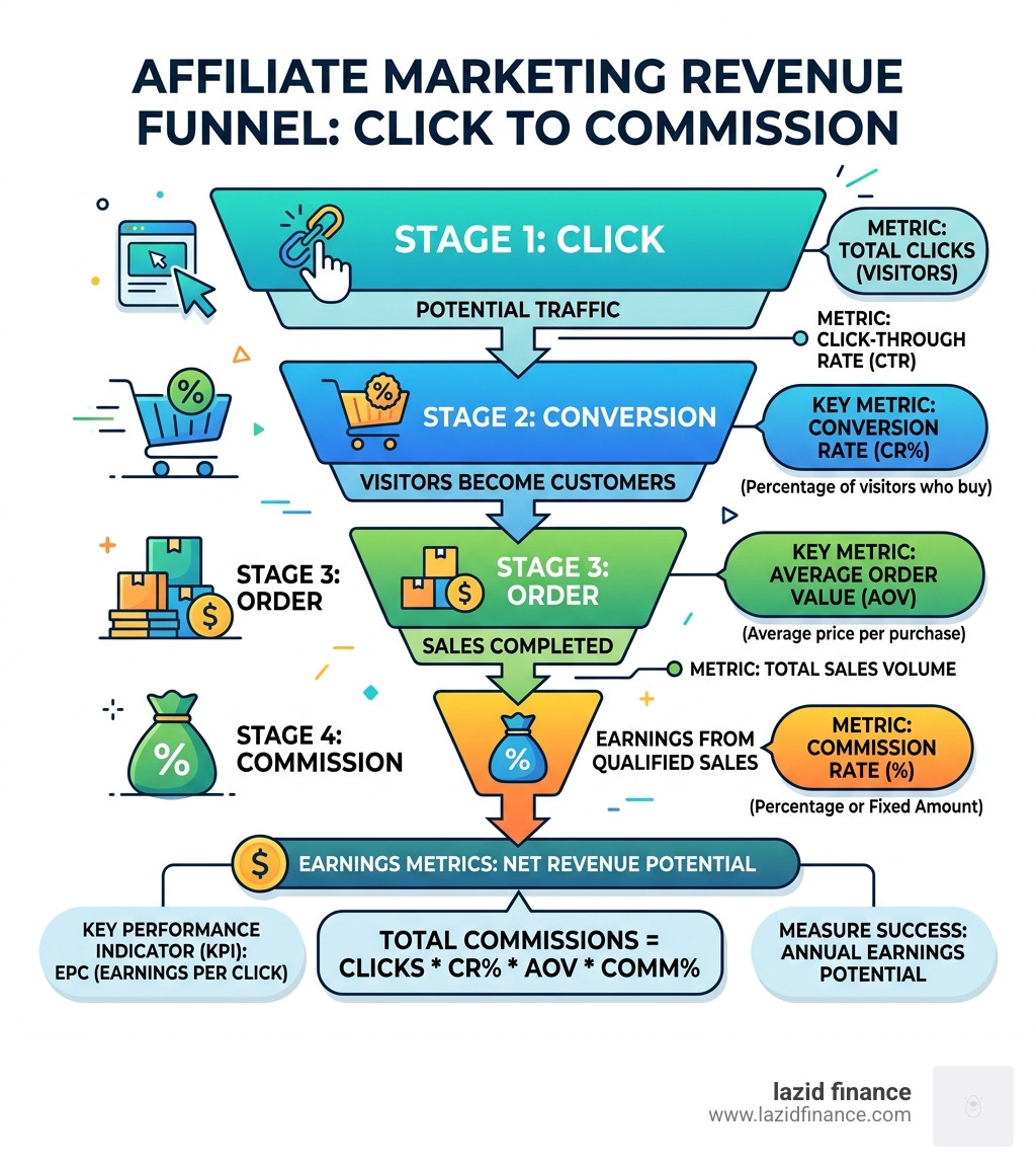 Affiliate marketing revenue funnel from click to commission with earnings metrics - affiliate marketing calculator pro