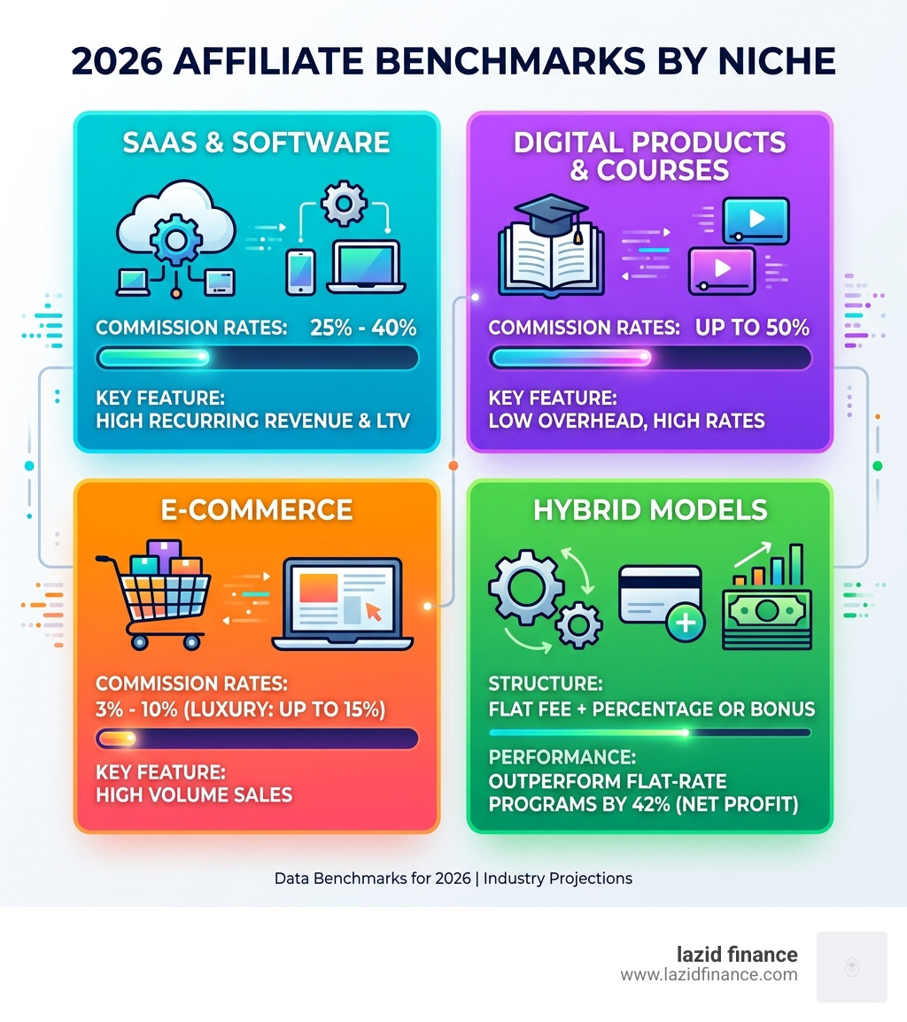 Infographic showing 2026 affiliate benchmarks by niche - affiliate marketing calculator pro infographic 