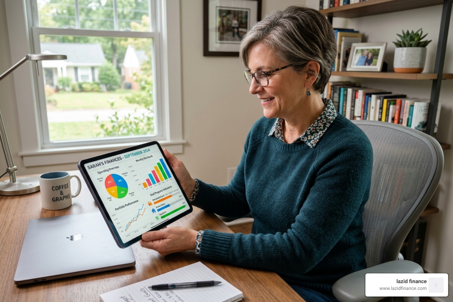 person using a tablet to view a financial dashboard with charts and goals - financial planning