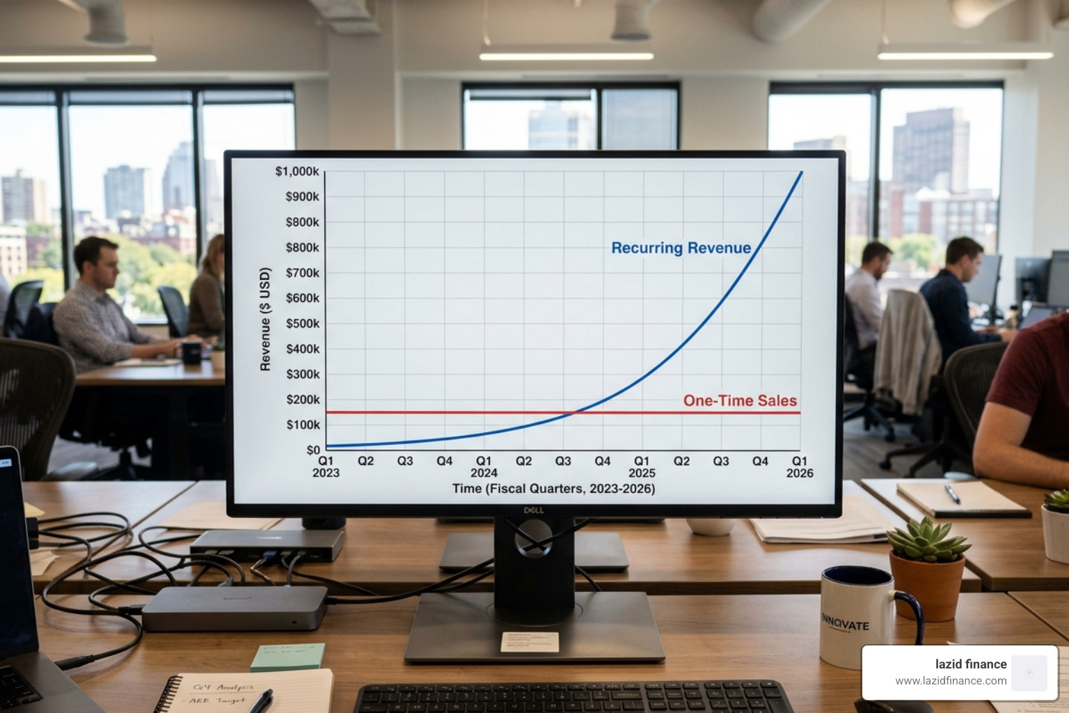 A graph showing a recurring revenue growth curve versus one-time sales - affiliate marketing calculator pro