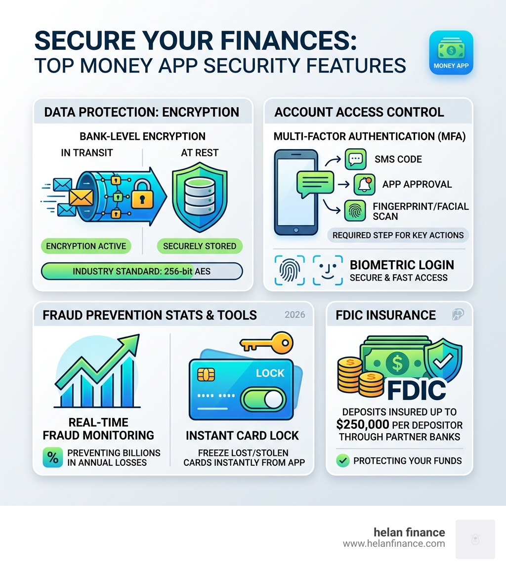Comparison of security features across top money apps including encryption and fraud prevention stats - money app