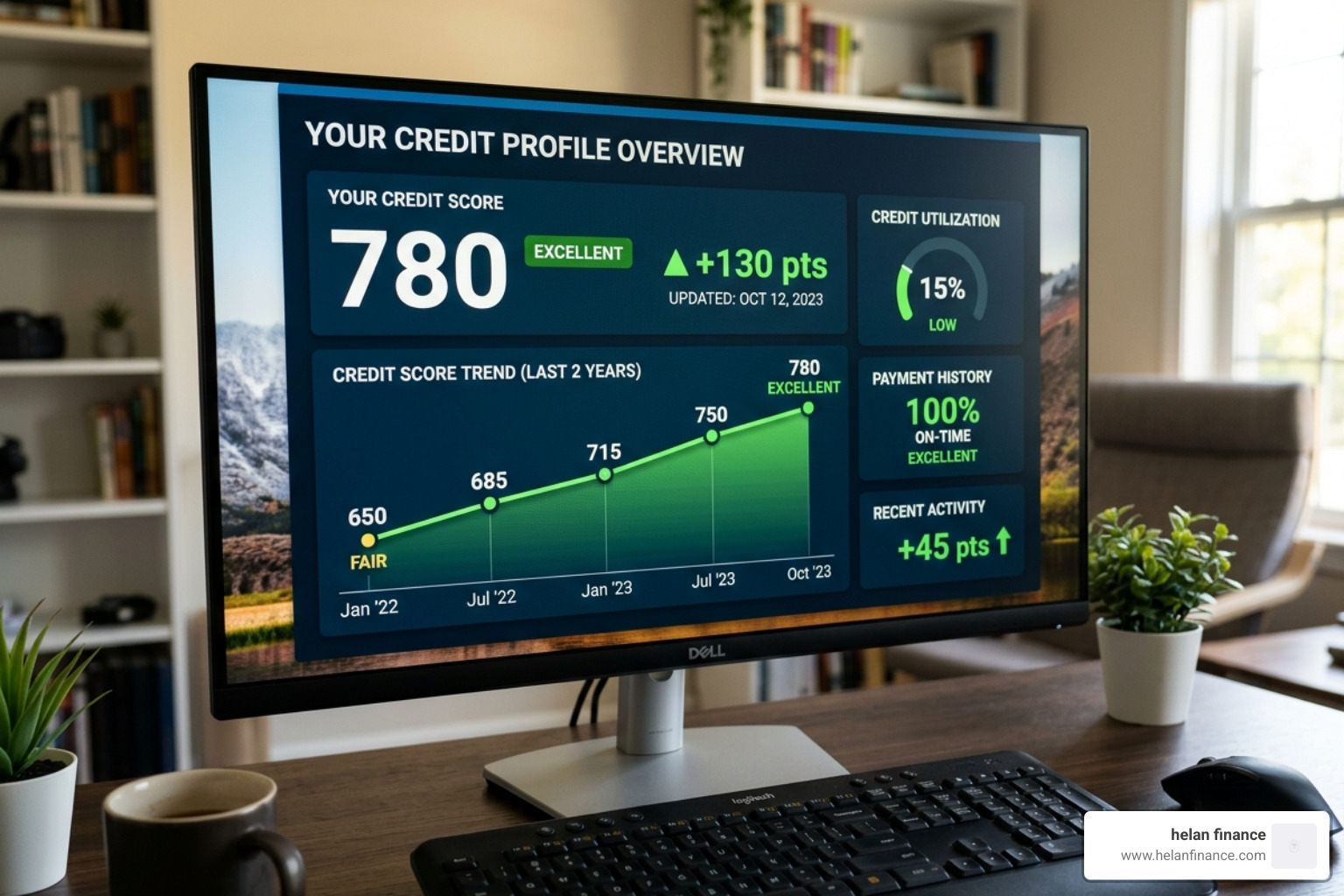 credit score dashboard showing an increasing score and low utilization - money tips