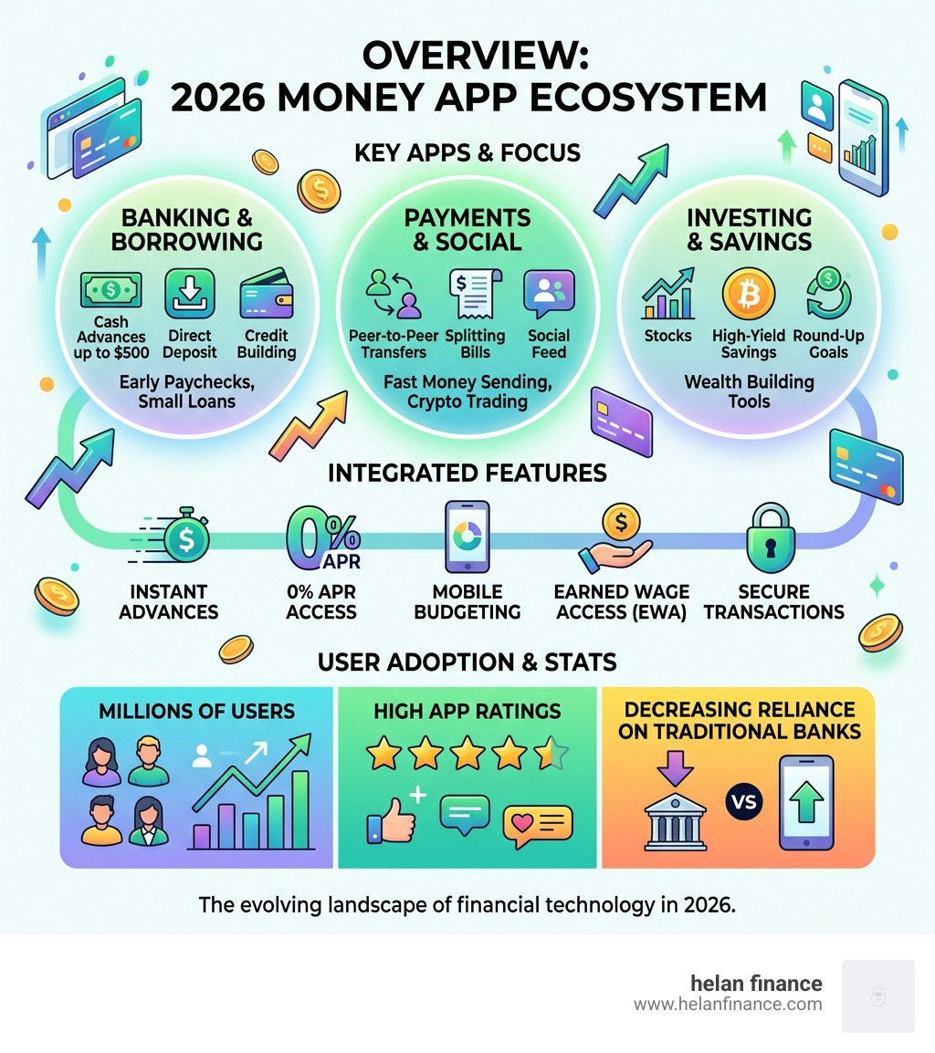 Overview of the 2026 money app ecosystem showing key apps, features, and user stats - money app infographic 