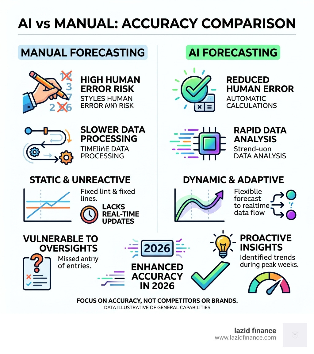 AI vs Manual accuracy comparison infographic - budget forecasting app infographic 