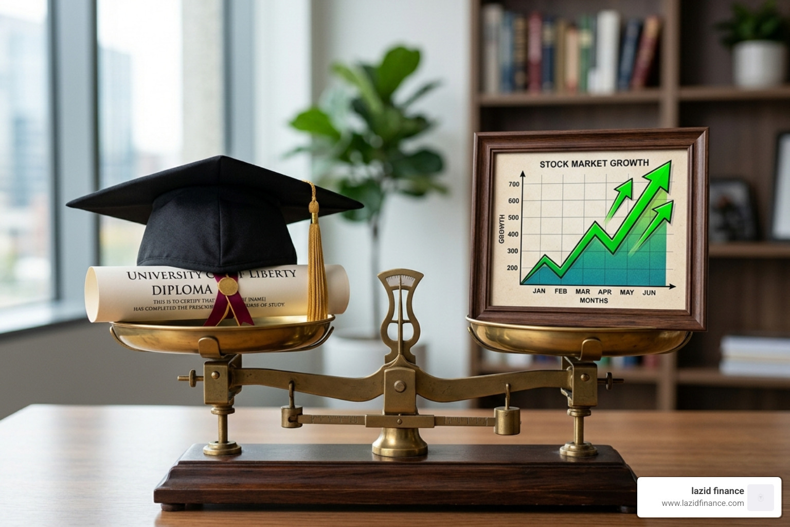 Scale balancing a graduation cap and a stock market chart - should i pay off student loan