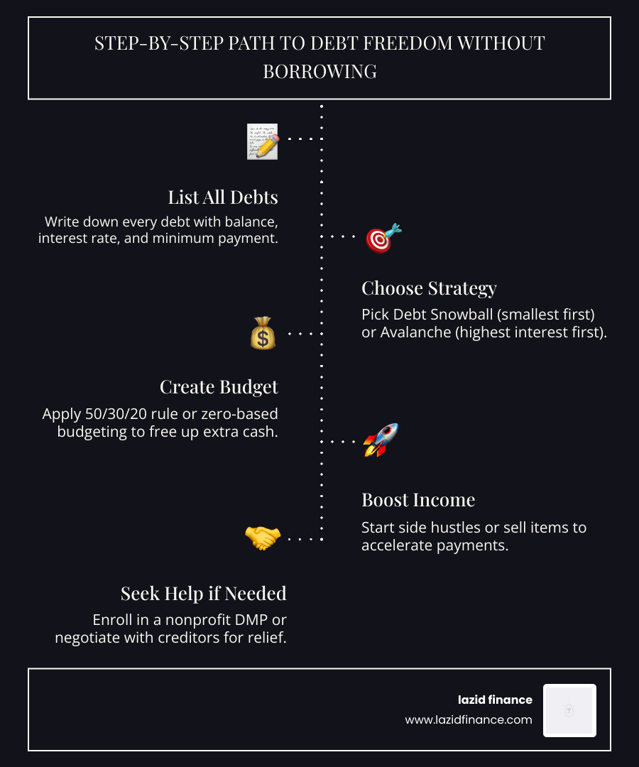 Step-by-step path to debt freedom without borrowing more money - how to pay off debt without a loan infographic
