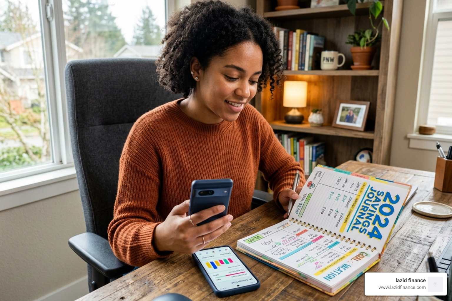 A person comparing a sleek smartphone app with a colorful paper savings journal - savings tracker