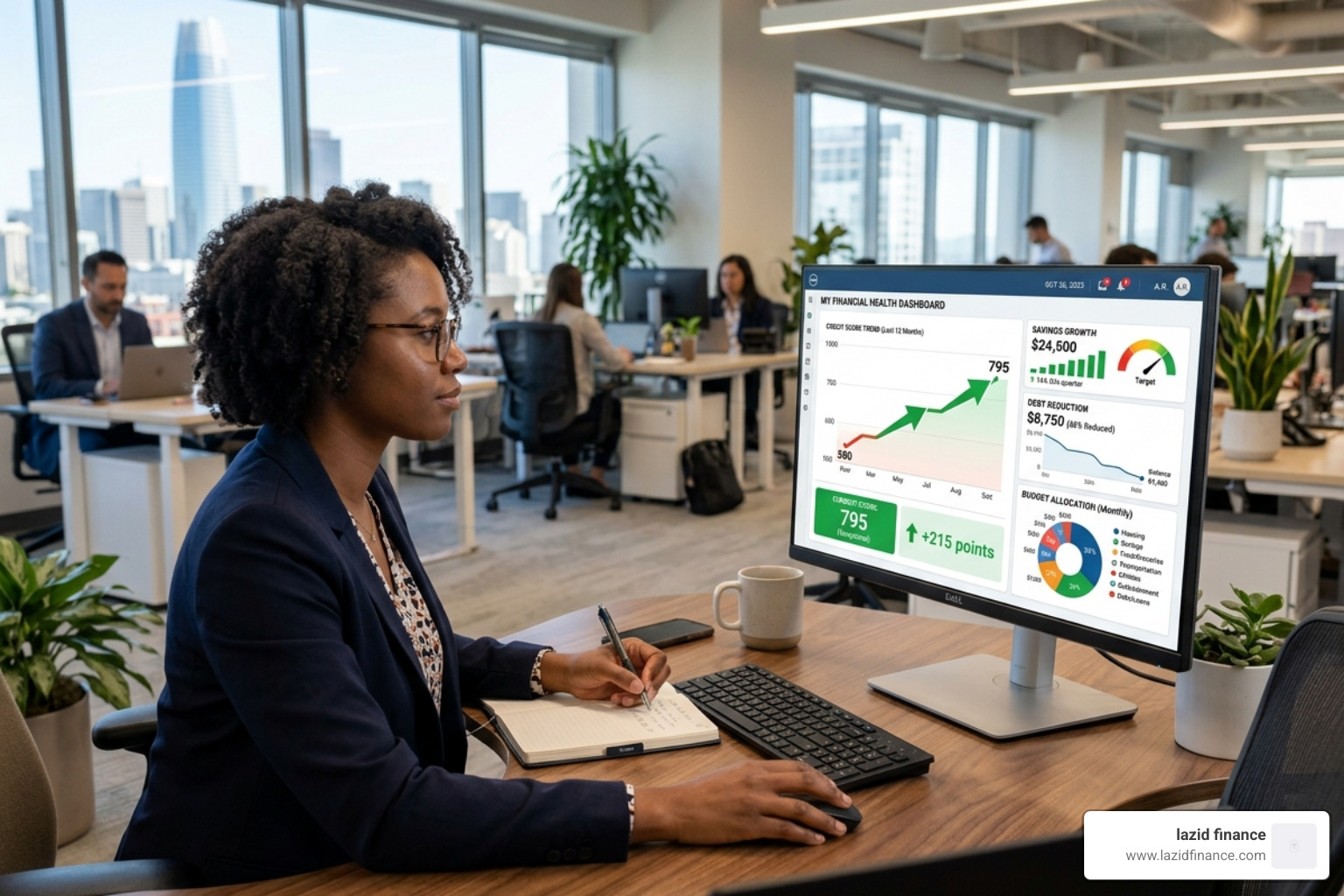 A digital dashboard showing a rising credit score and financial health indicators - money advice