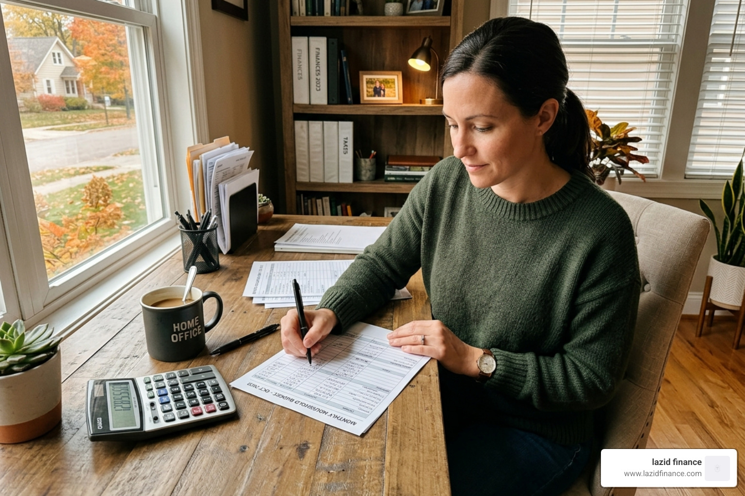 A person filling out a balanced financial worksheet with a calculator and a cup of coffee - money advice