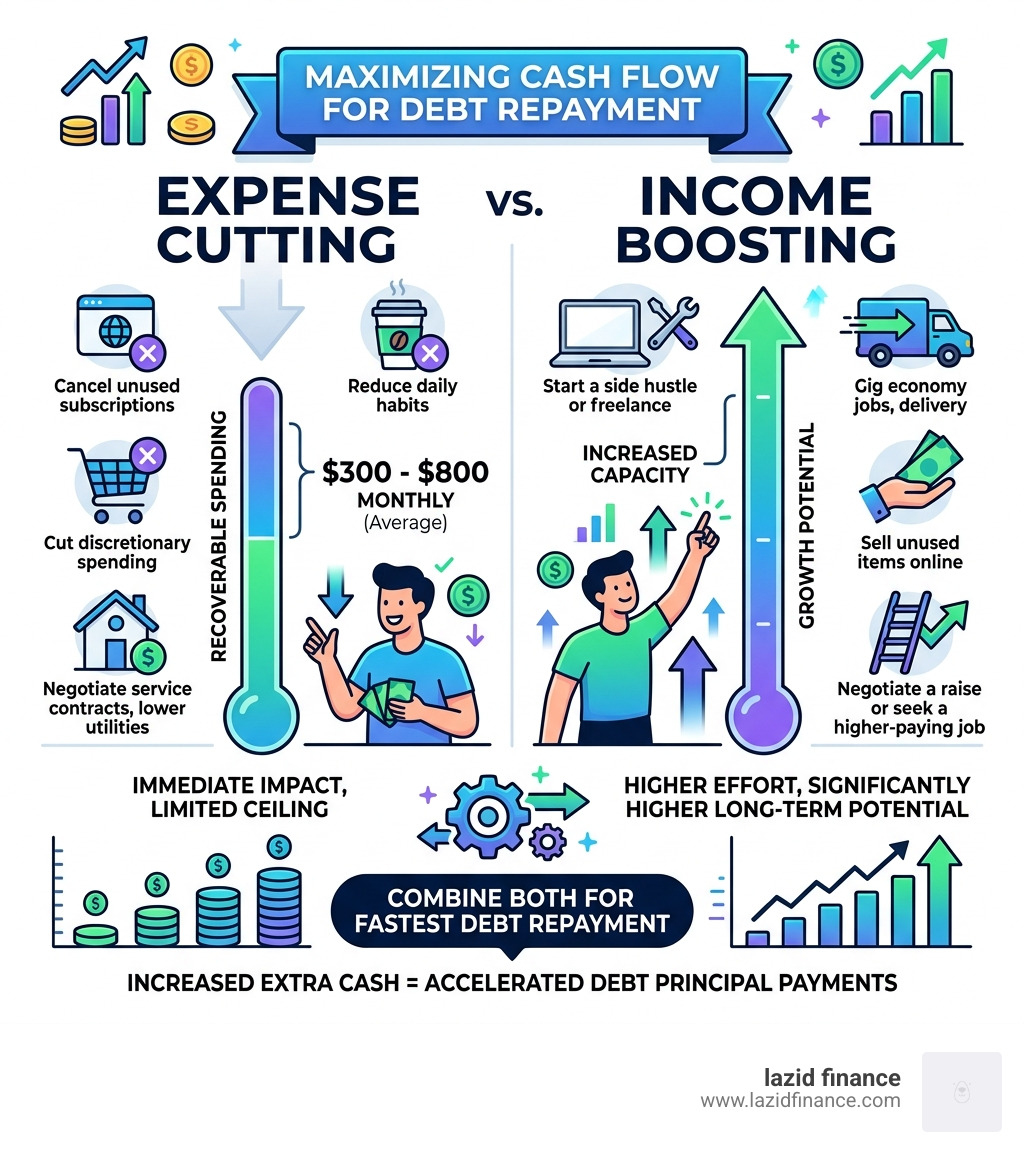 Infographic comparing expense cutting vs. income boosting potential - how to pay off debt without a loan infographic 