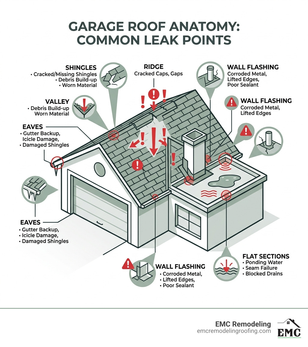 Garage roof anatomy showing common leak points including flashing, ridge, eaves, and flat sections - garage repair roof