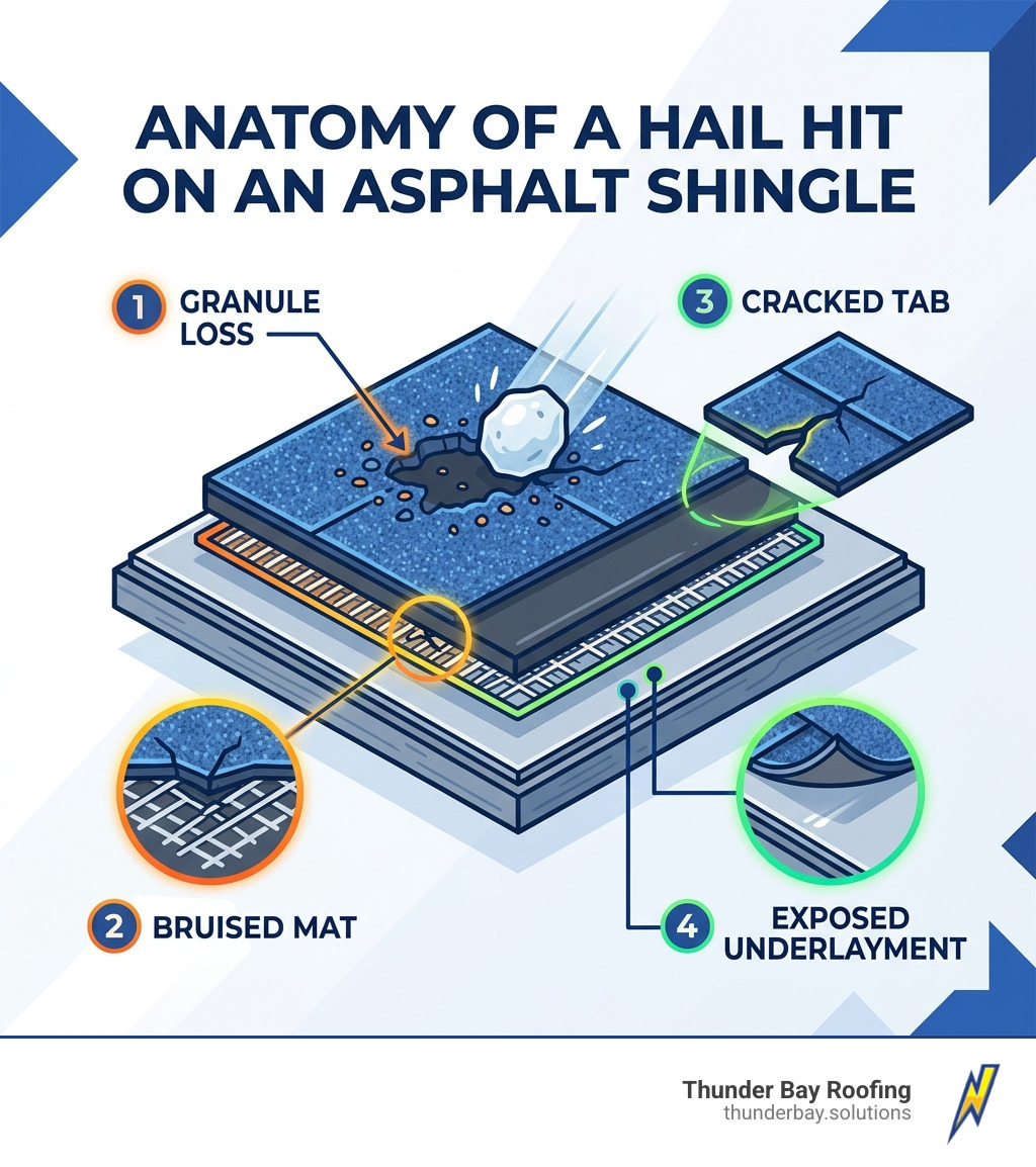 Infographic showing anatomy of a hail hit on an asphalt shingle: granule loss, bruised mat, cracked tab, exposed Infographic showing anatomy of a hail hit on an asphalt shingle: granule loss, bruised mat, cracked tab, exposed