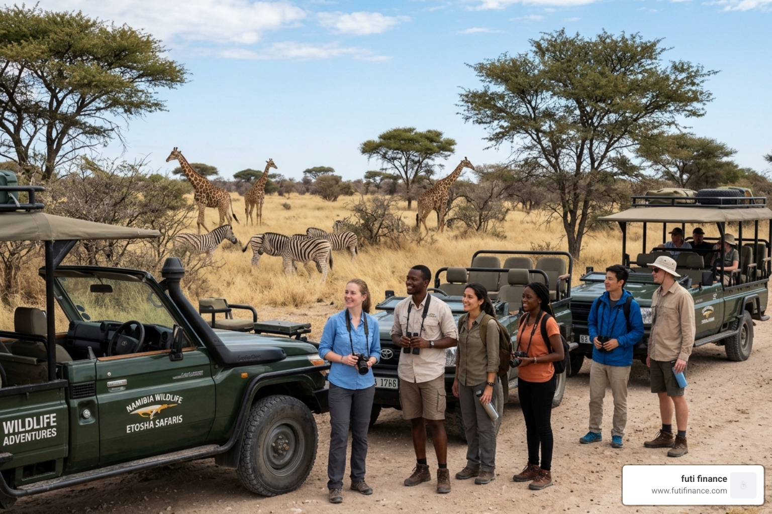 A student group on a wildlife safari in Etosha National Park - student travel insurance Namibia