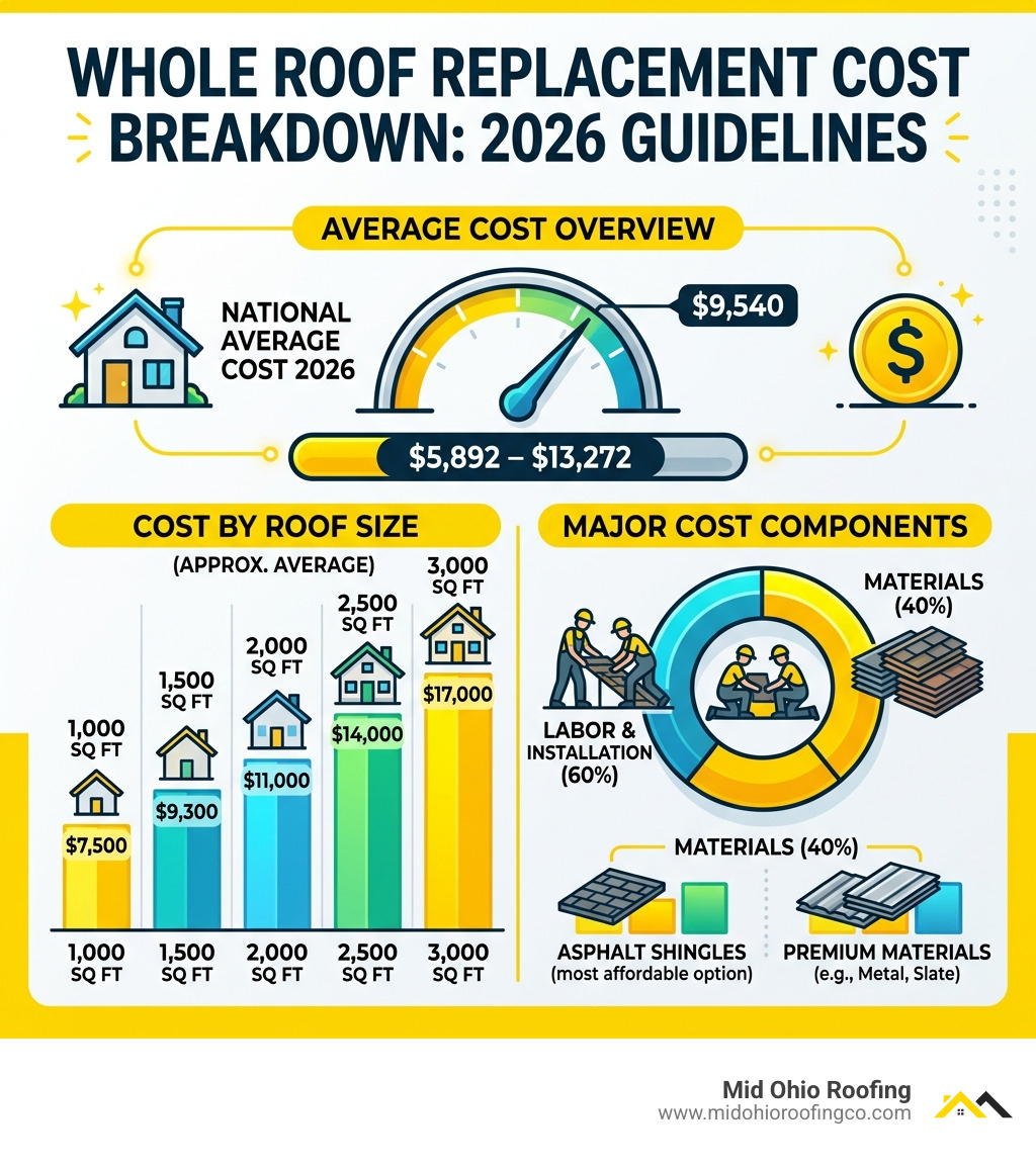 Infographic showing whole roof replacement cost breakdown by material, size, and labor percentage in 2026 - whole roof Infographic showing whole roof replacement cost breakdown by material, size, and labor percentage in 2026 - whole roof