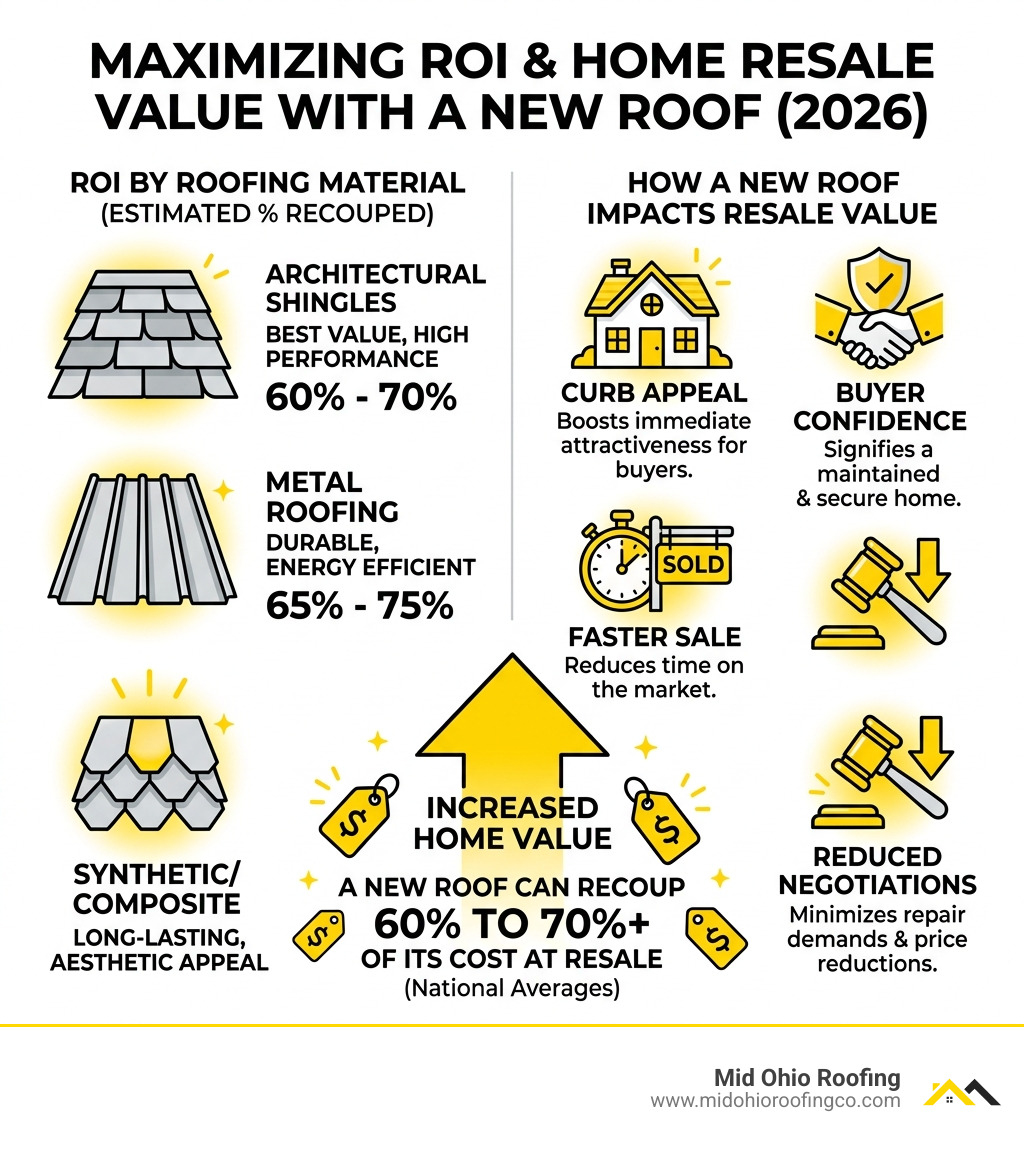Infographic showing the ROI of different roofing materials and how a new roof impacts home resale value - whole roof Infographic showing the ROI of different roofing materials and how a new roof impacts home resale value - whole roof