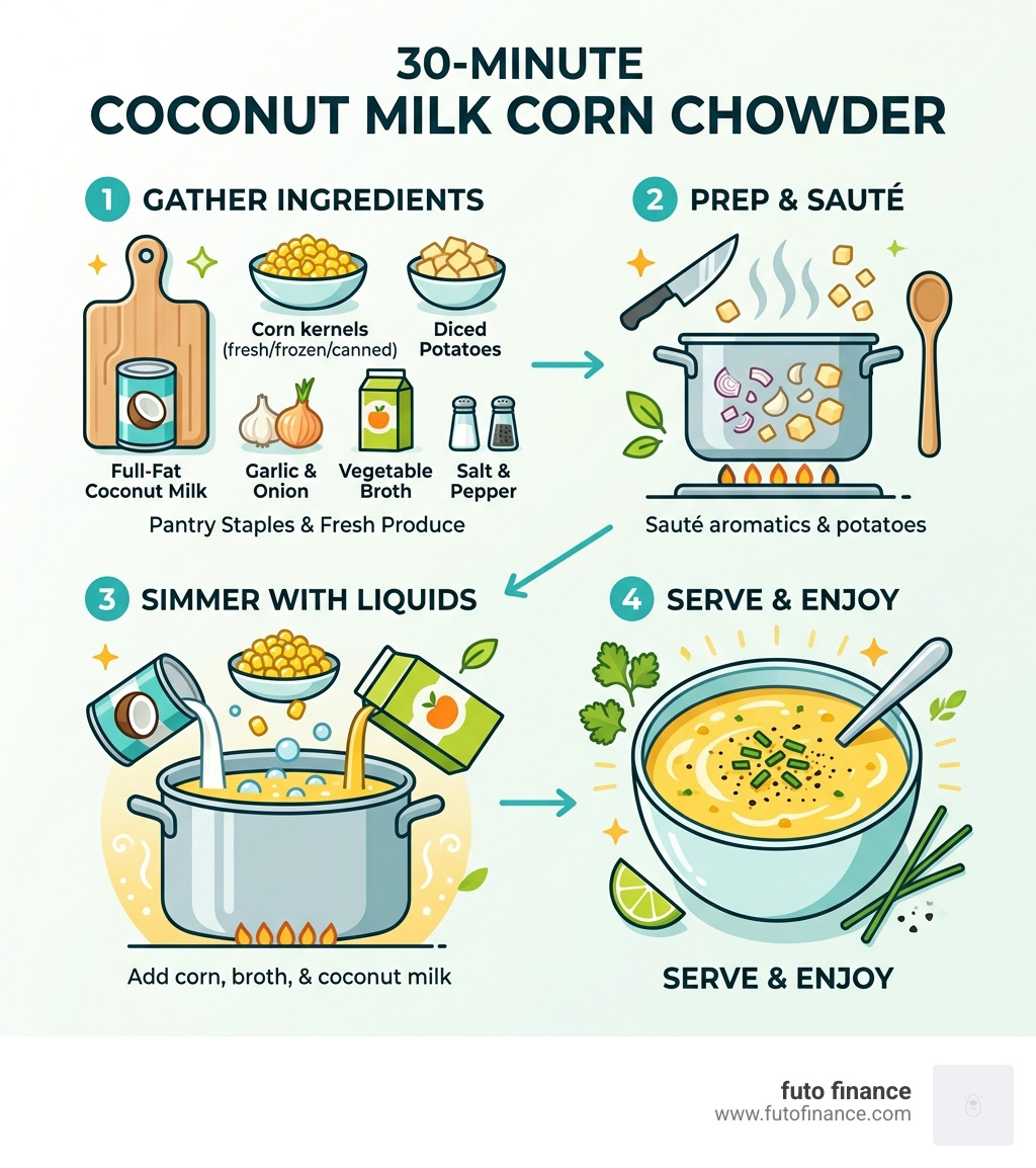 30-minute coconut milk corn chowder process infographic from ingredients to bowl - coconut milk corn chowder infographic 