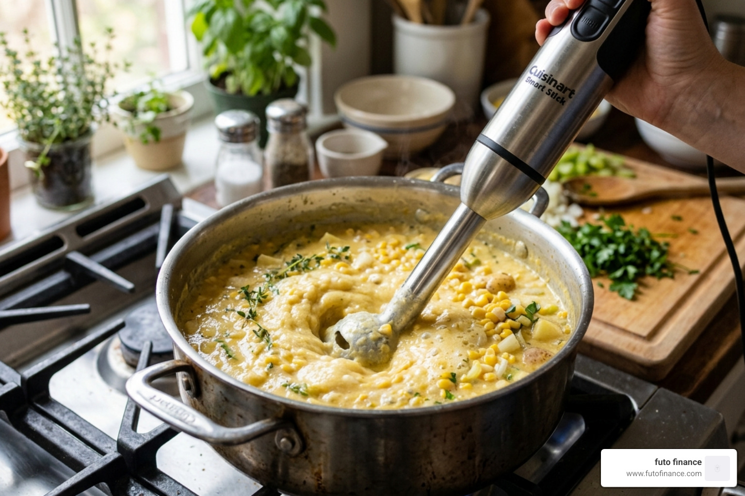 An immersion blender partially pureeing a golden yellow corn soup - coconut milk corn chowder