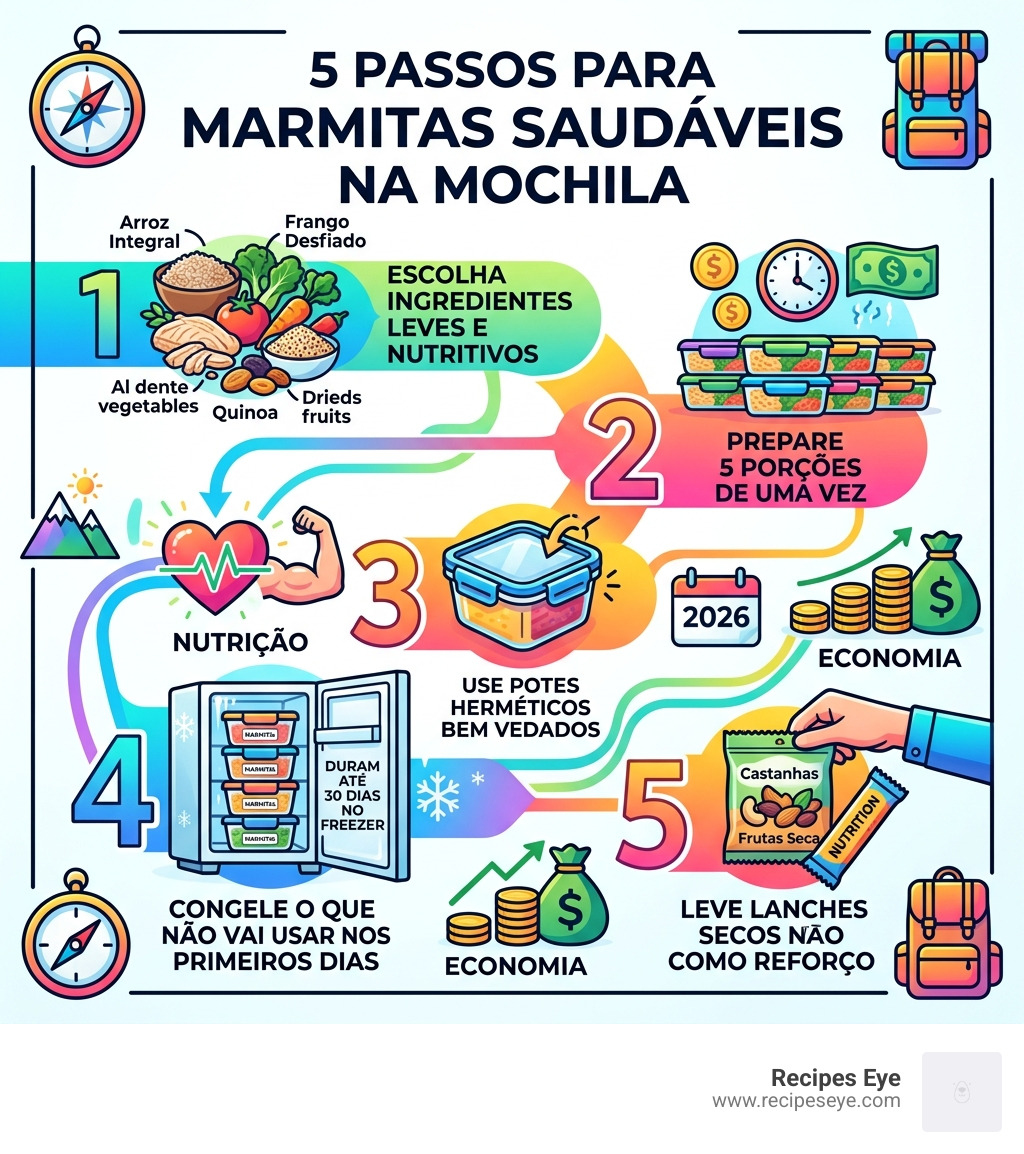 infographic showing 5 steps to meal prep for backpackers with benefits like cost savings and nutrition - marmitas saudáveis