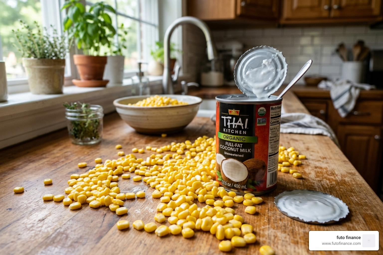 Fresh corn kernels and a can of coconut milk on a kitchen counter - coconut milk corn chowder