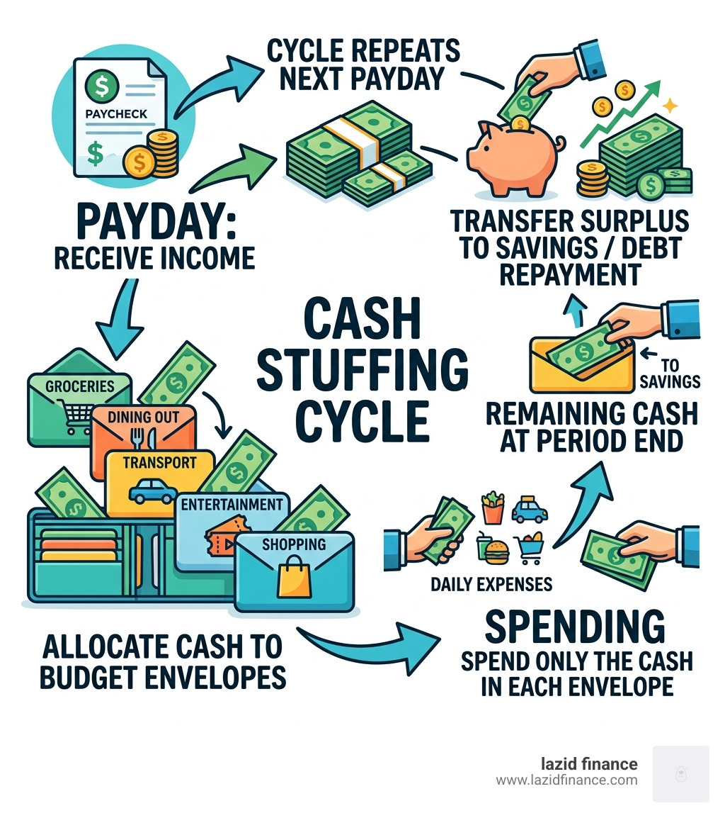 Cash stuffing cycle infographic: paycheck to envelope categories to spending to savings - envelope system wallet for cash