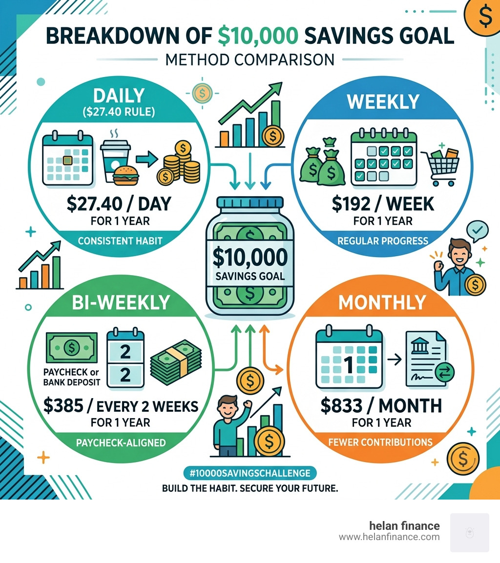 Breakdown of $10,000 savings goal by day, week, bi-week, and month with method comparison - 10000 savings challenge