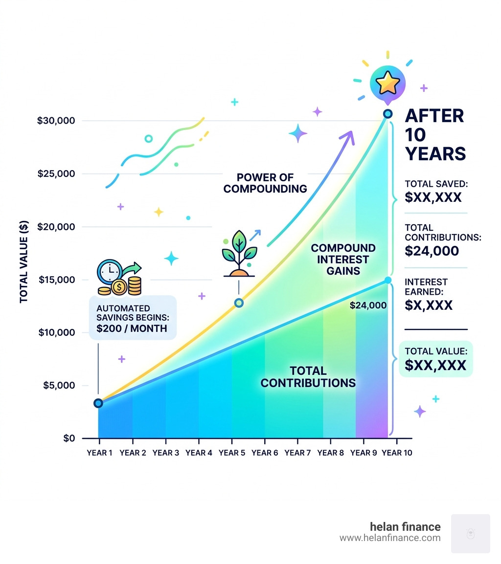 Growth of automated $200 monthly contributions over 10 years showing compound interest - smart ways to save money