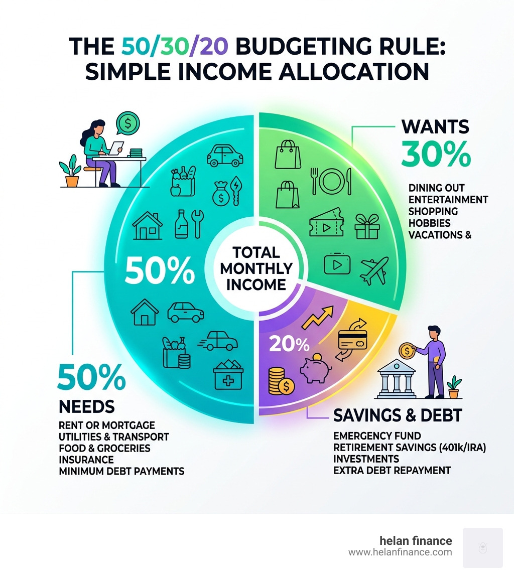 The 50/30/20 budgeting rule showing income split into needs, wants, and savings categories - smart ways to save money