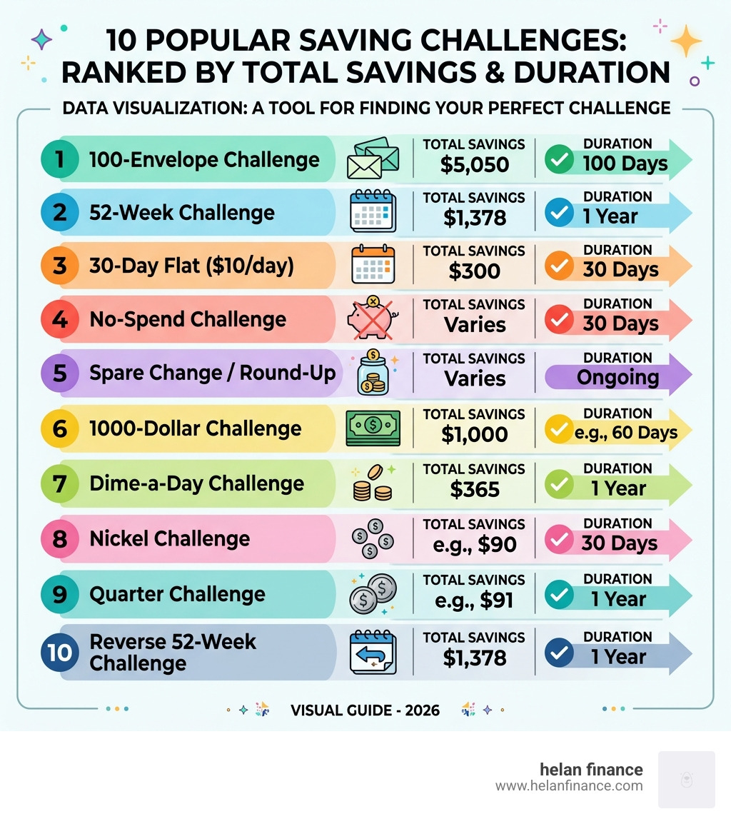 10 popular saving challenges ranked by total savings and duration - saving challenge infographic 