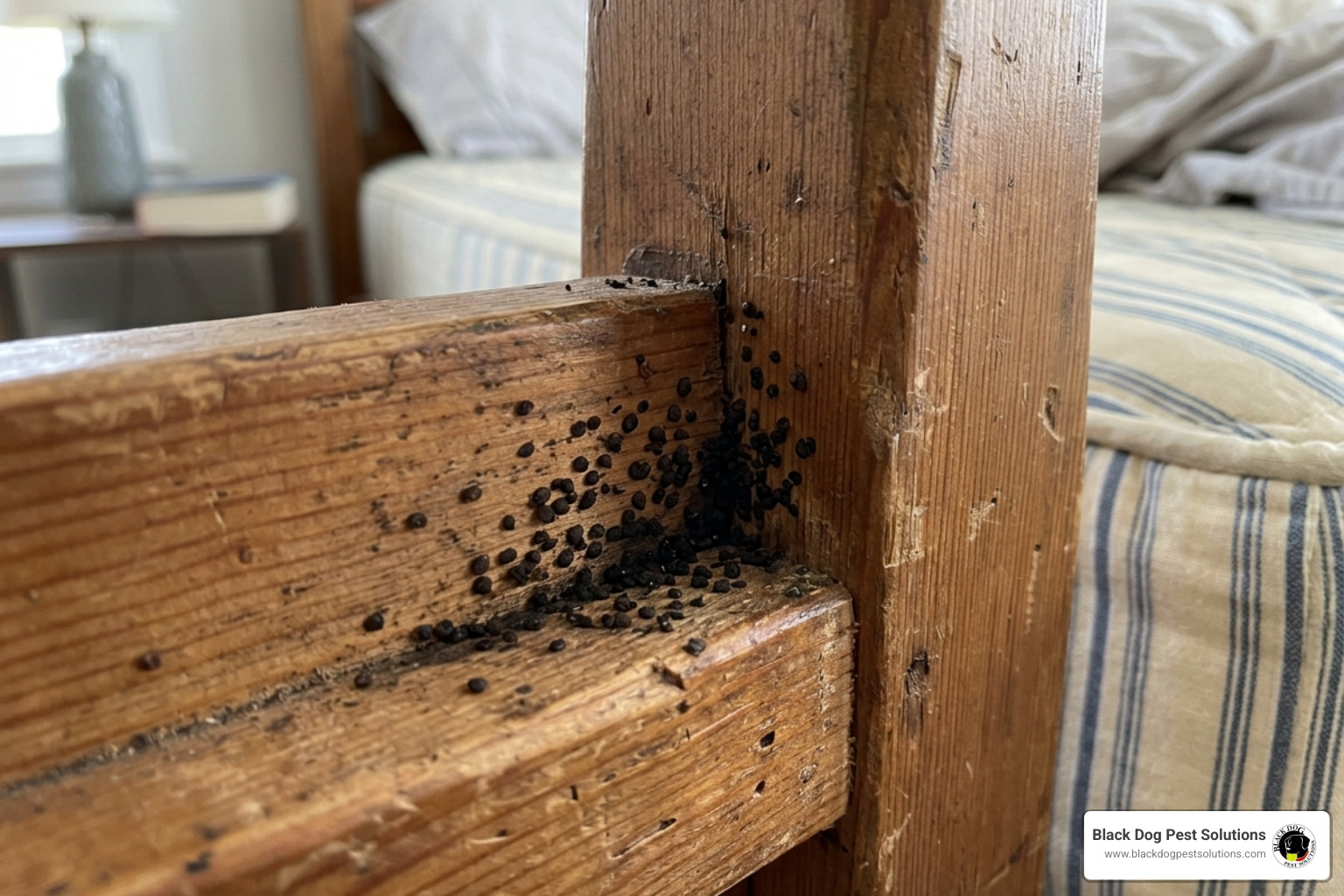 Bed bug fecal spotting on a wooden bed frame joint - bed bug inspection service Bed bug fecal spotting on a wooden bed frame joint - bed bug inspection service