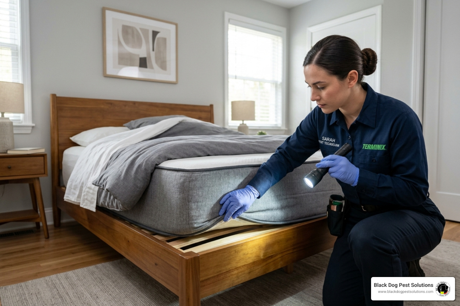 Professional pest control technician conducting a bed bug inspection in Avon, Ohio - bed bug inspection service Professional pest control technician conducting a bed bug inspection in Avon, Ohio - bed bug inspection service