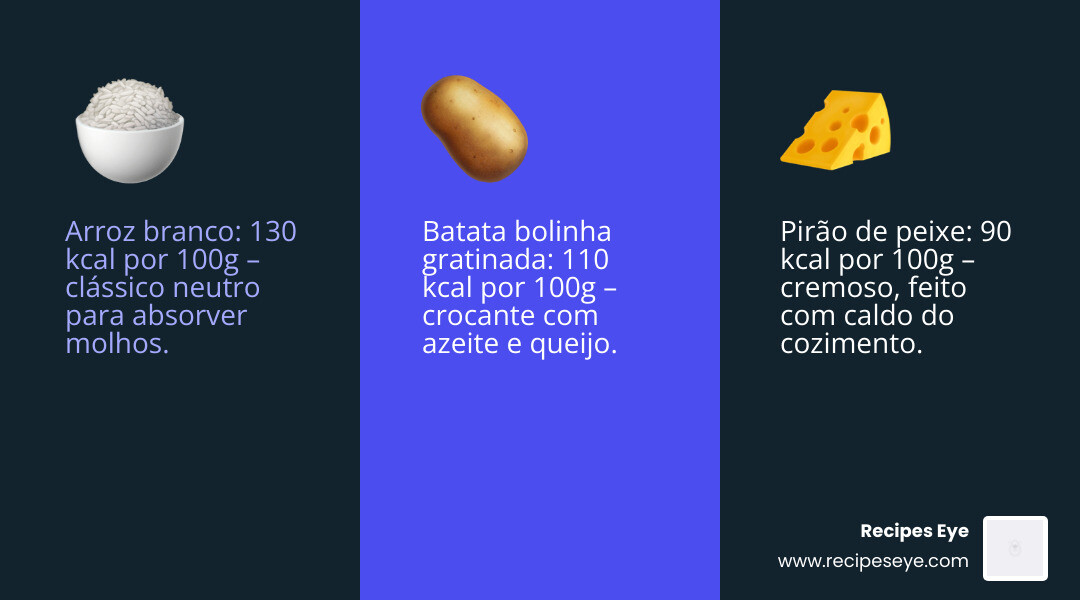 Table showing calorie comparison: White Rice (130 kcal), Mashed Potatoes (110 kcal), Pirão (90 kcal) per 100g - receita de